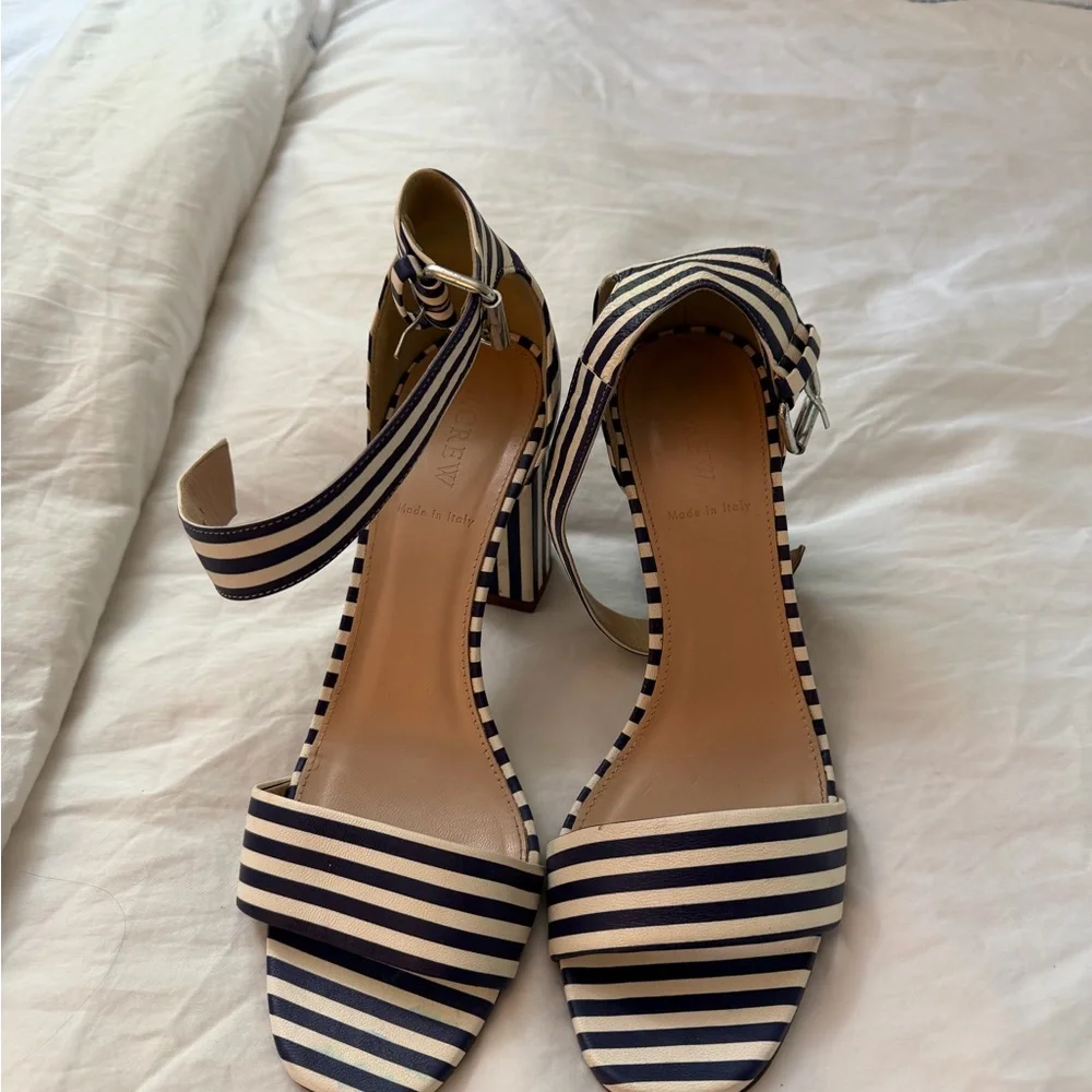 J Crew Striped Ankle-Strap Block Heel Sandals - Navy & Cream